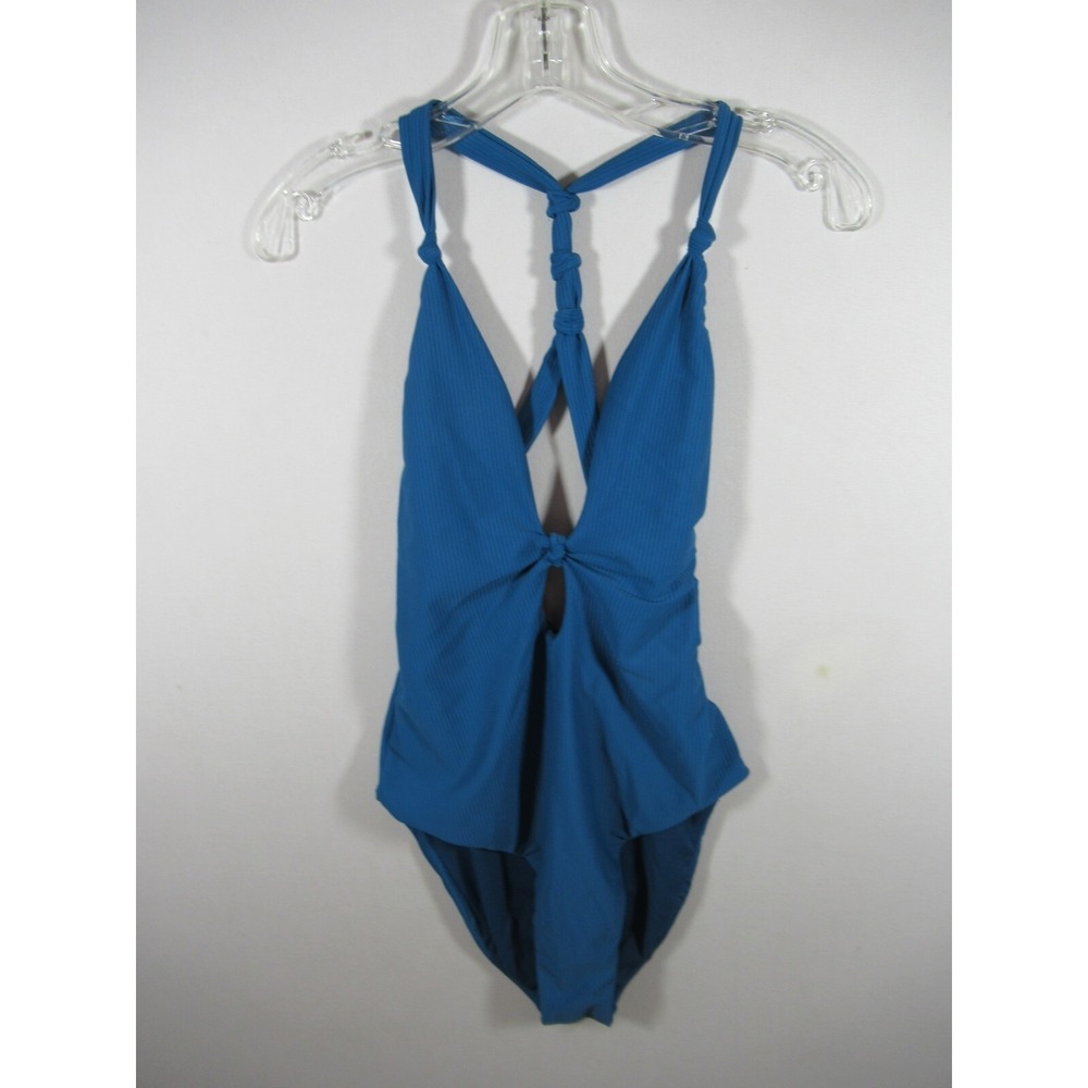 NEW Bar III Ribbed Swimsuit Women L Teal Deep V-Neck One-Piece